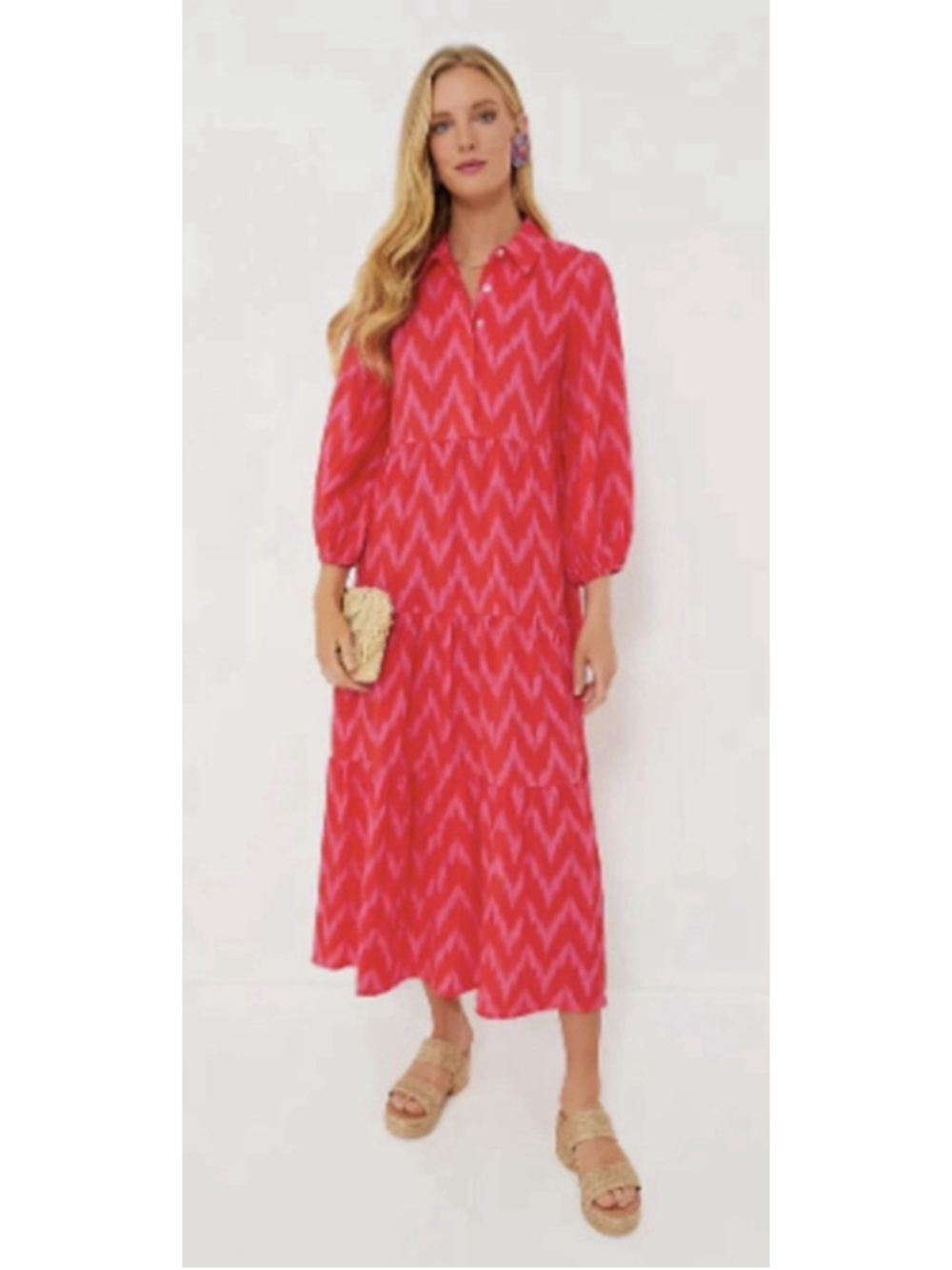 Pomander Place Ikat Chevron Tiered Maxi Dress XXXL Pink Red Peasant Boho Pockets